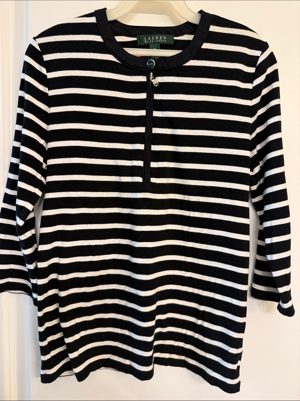 Lauren Ralph Lauren Black & White Striped Zip-Front Knit Top